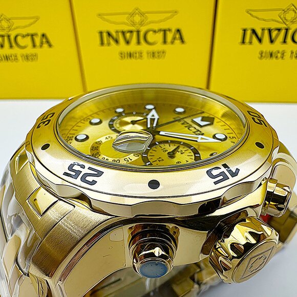 Invicta Men's 48mm PRO DIVER Scuba Chronograph Gold Dial 18K Gold Plated Watch - Picture 4 of 9